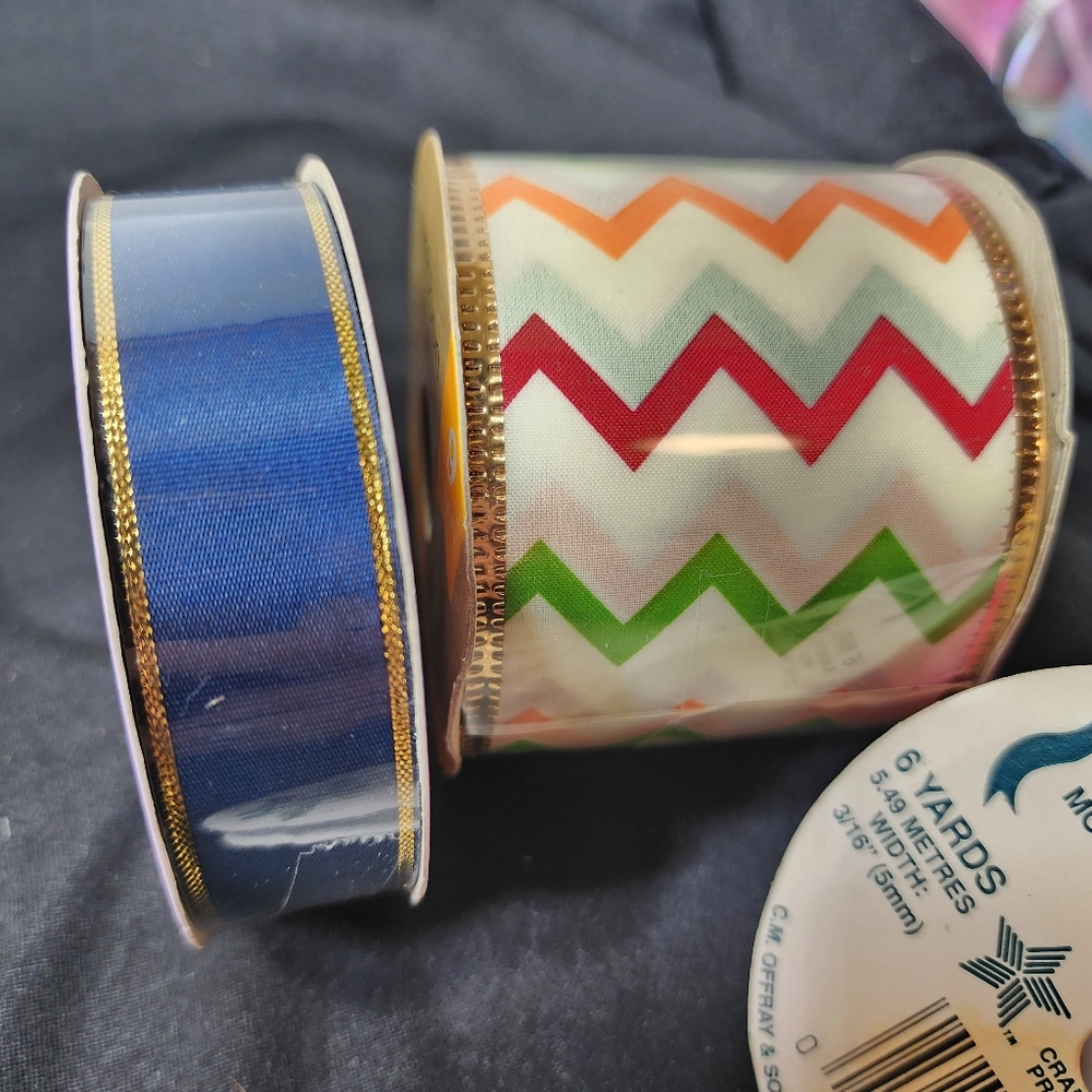 Vintage Colorful Ribbon Set with Chevron Pattern Gold Trim, 8 Spools - Picture 10 of 10